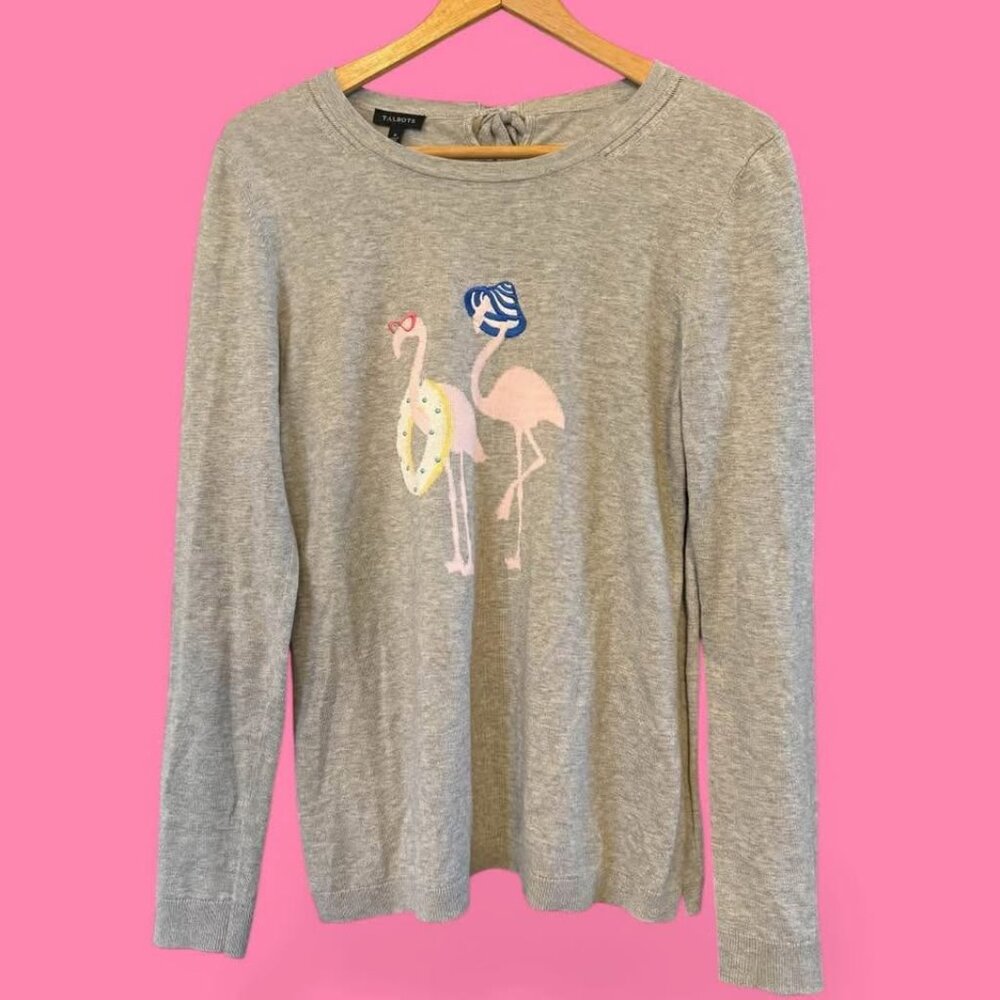 Women Talbots Lightweight Gray Flamingo Tie Back Long Sleeve Sweater-Size‎ Small